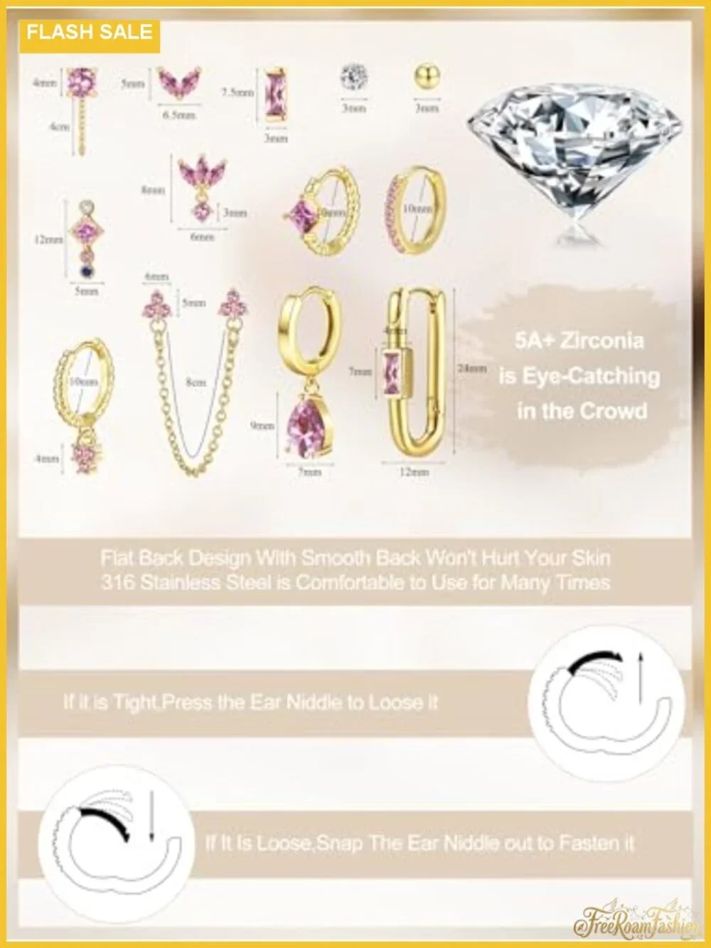14K Gold Plated Flat Back Stud Earrings Set Hypoallergenic Surgical Steel for